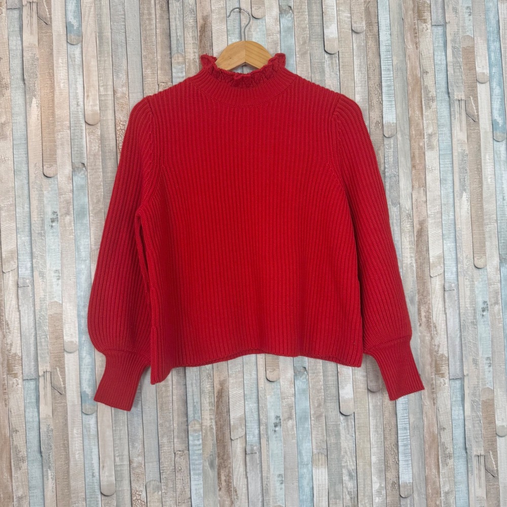Tuckernuck S Delphine Ruffle‎ Neck Bishop Sleeve Ribbed Wool Blend Sweater Top